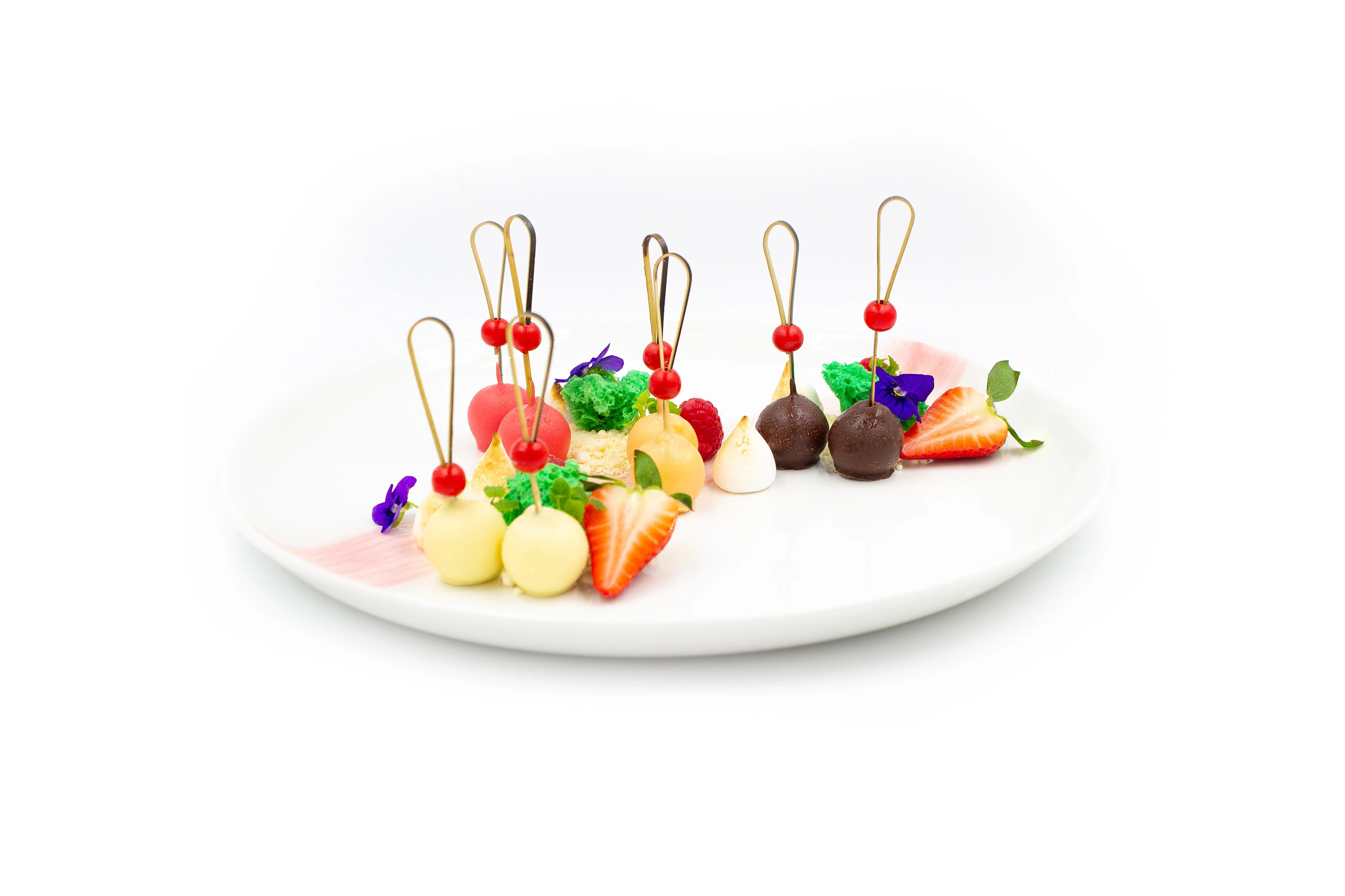 Collection of chocolate iced lollipop's including rasberry sorbet and passionfruit sorbet covered in white or dark chocolate.