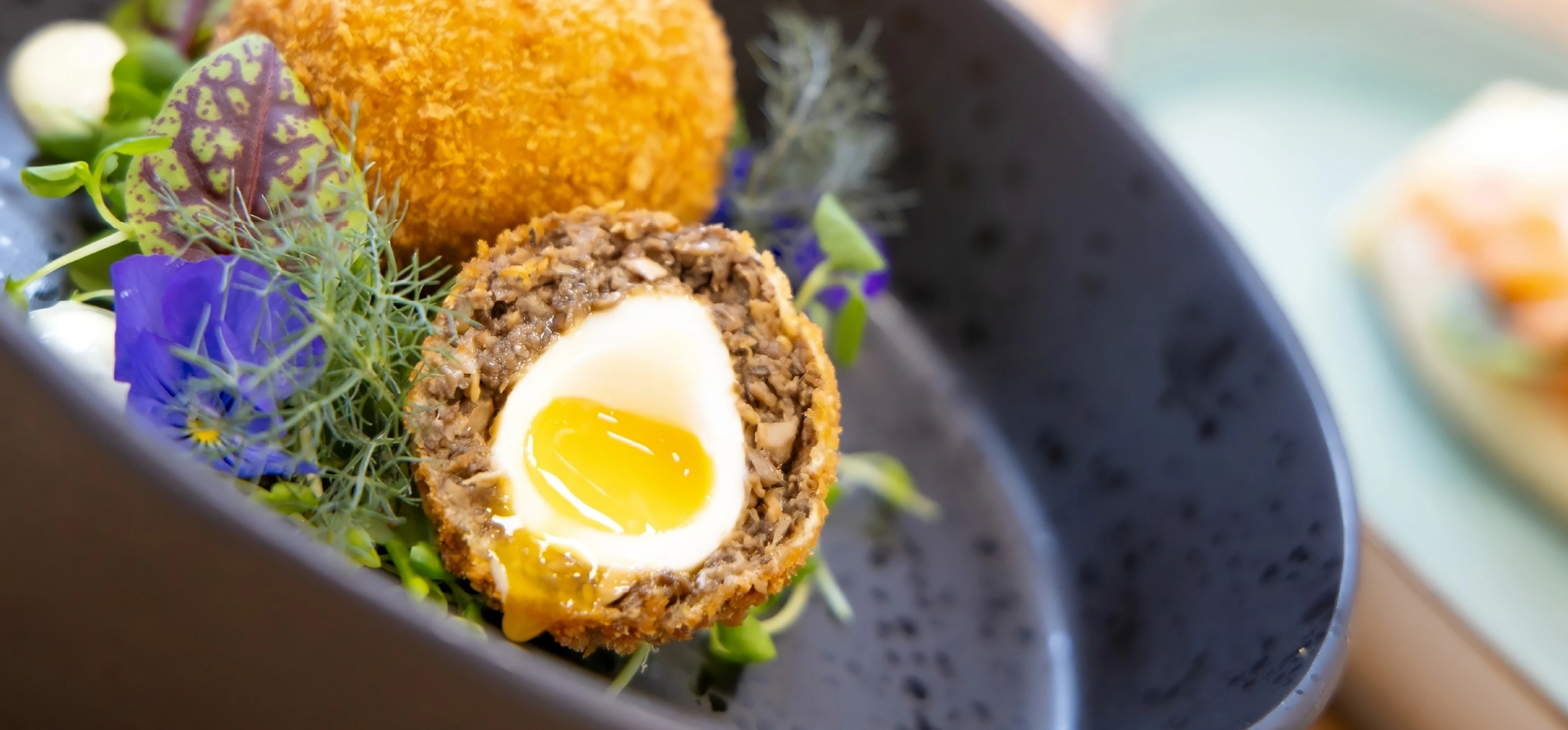Artistic close up of wild mushroom scotch egg dish.