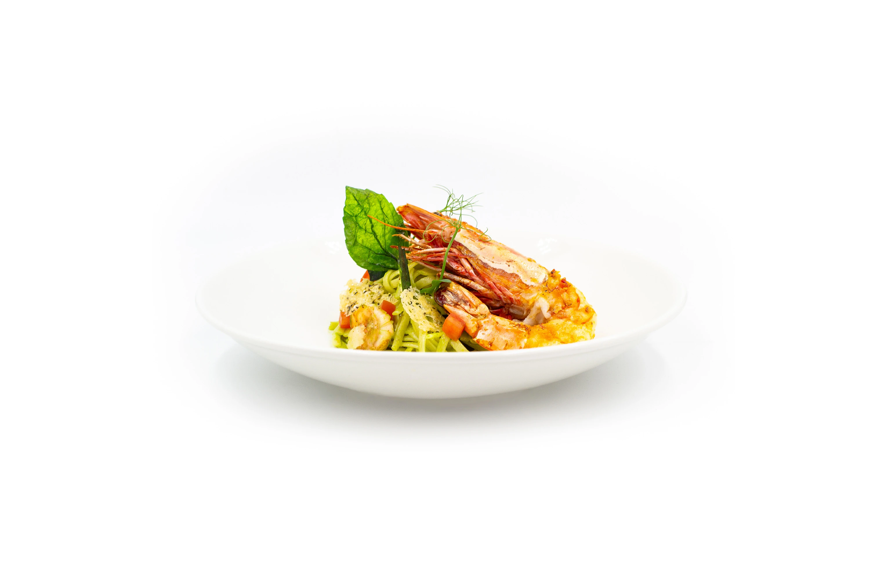 King prawn, linguine, tomato concasse and basil.