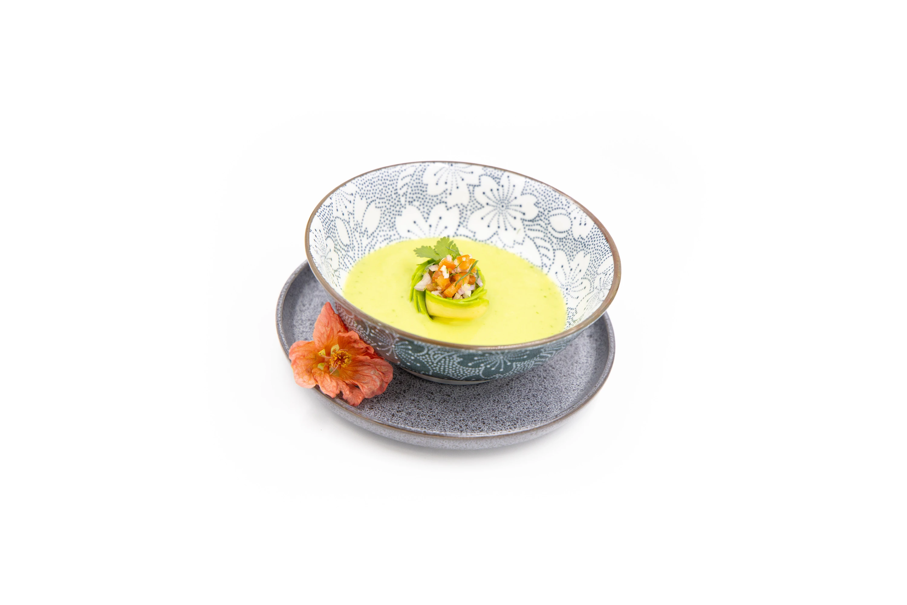 Chilled avocado soup and pico de gallo.