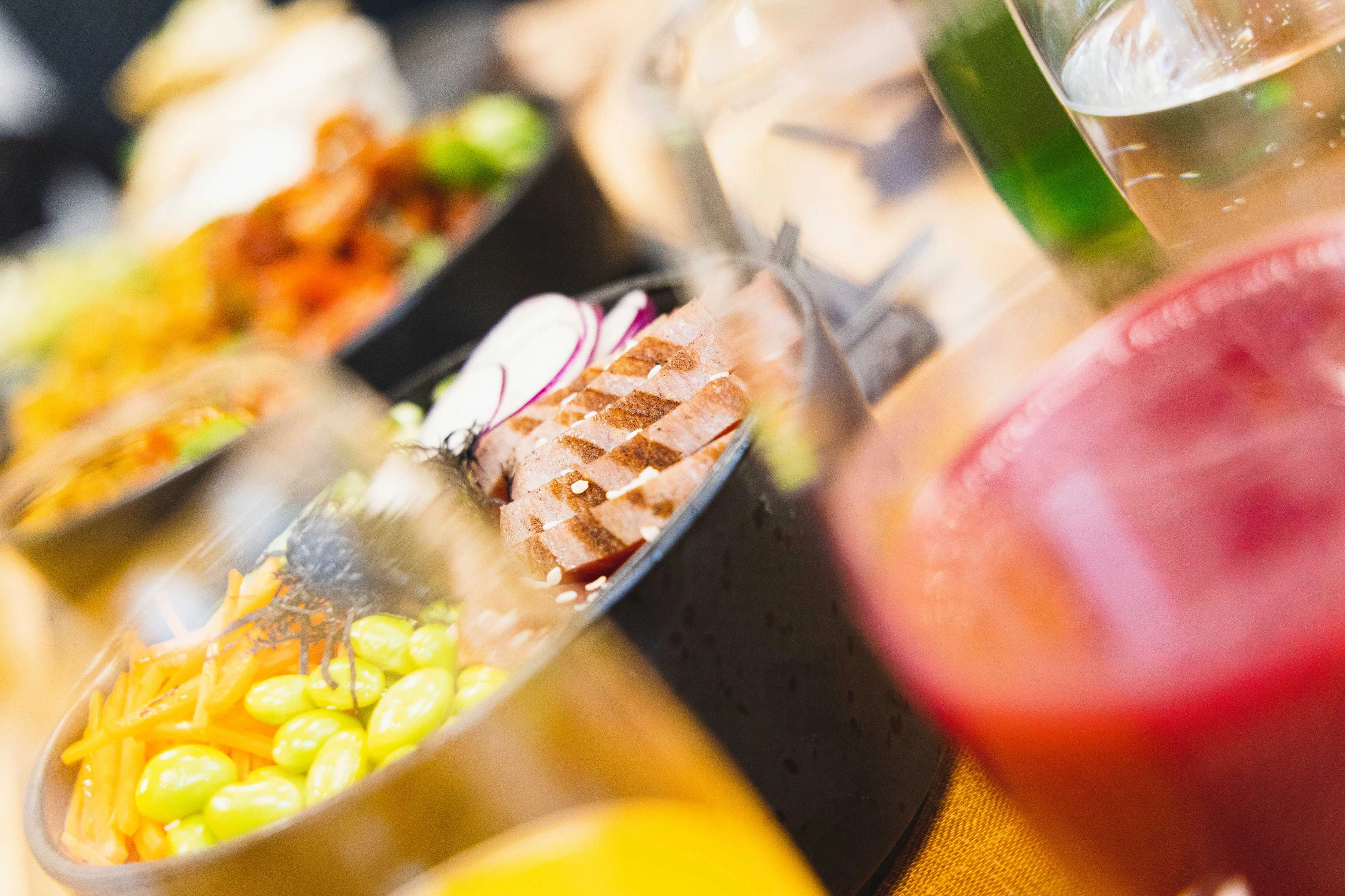 Artistic close up of food and drinks with lots of blur.