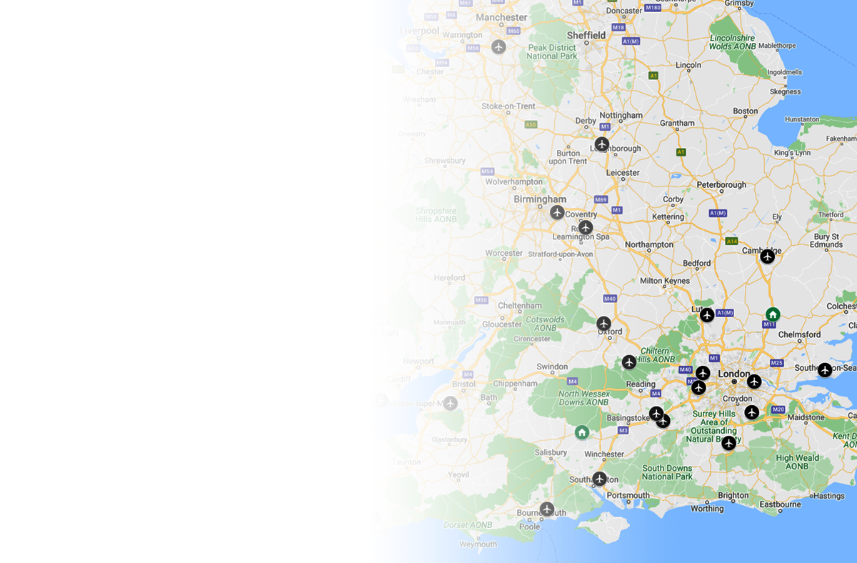 Map of england with deluxe catering locations at aurports.